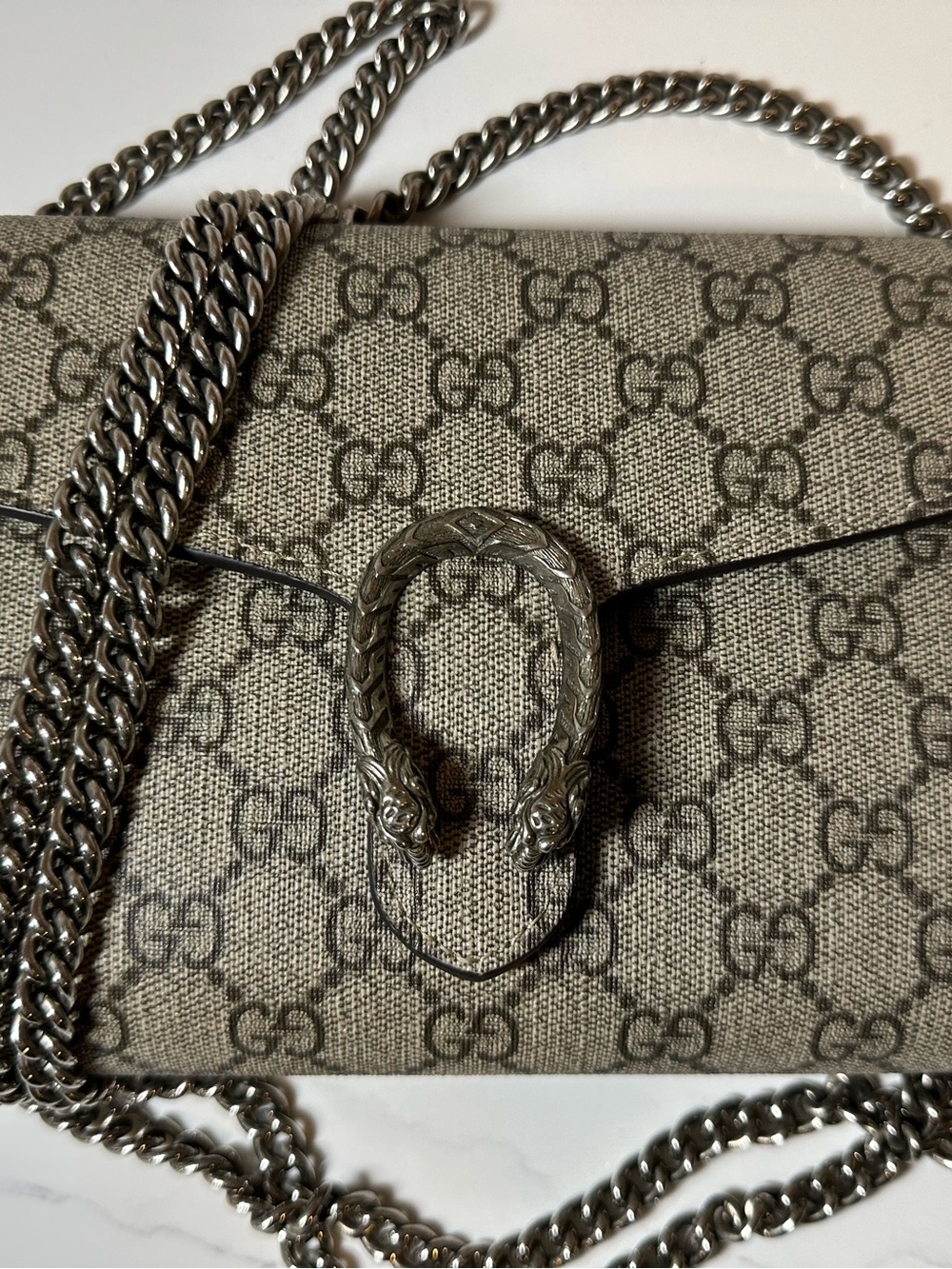 Gucci Beige GG Supreme Dionysus Wallet On Chain with Silver Hardware